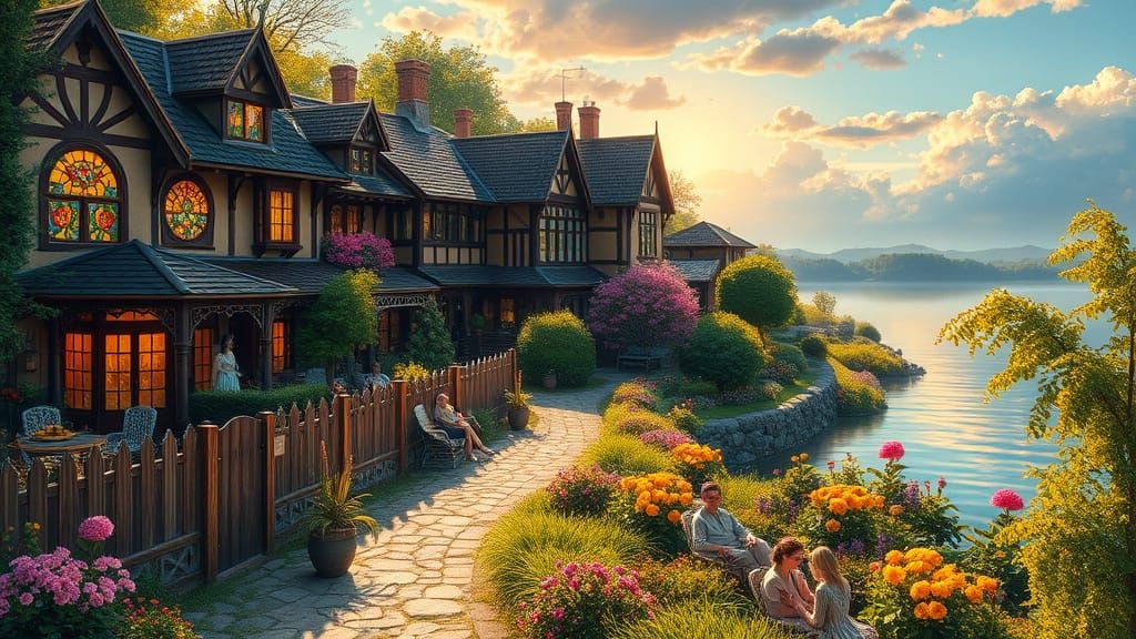 Victorian Village Oasis in Idyllic Summer Scene