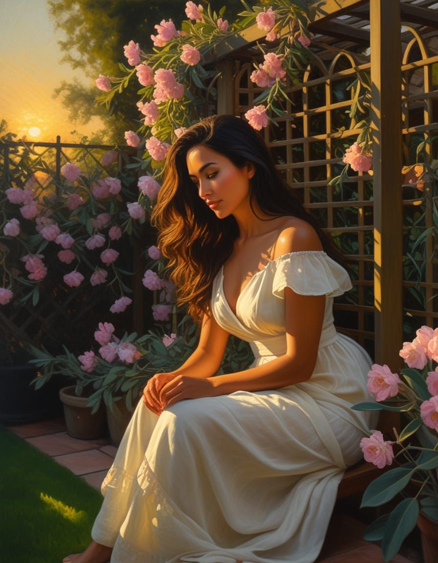 Romantic Realism Woman in Garden at Sunset