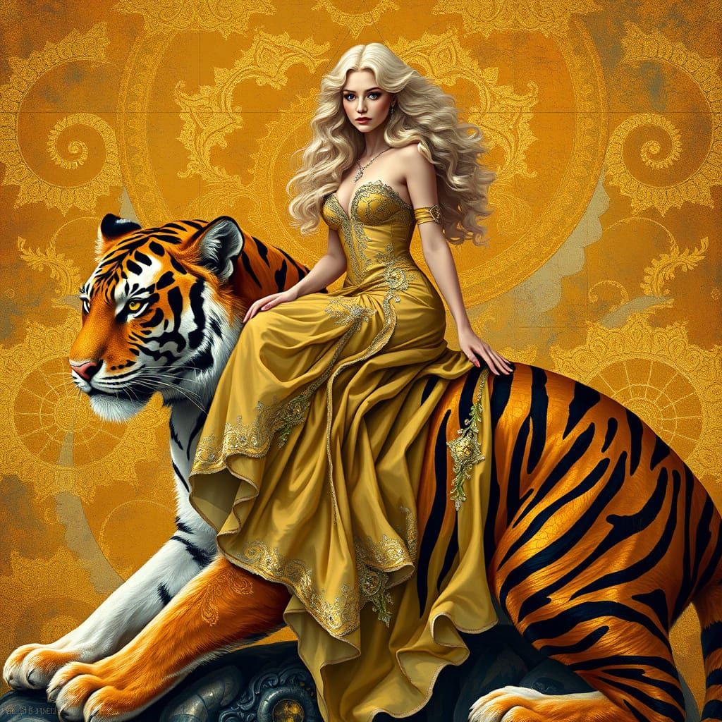 Golden Goddess Rides Majestic Tiger in Surreal Dreamscape