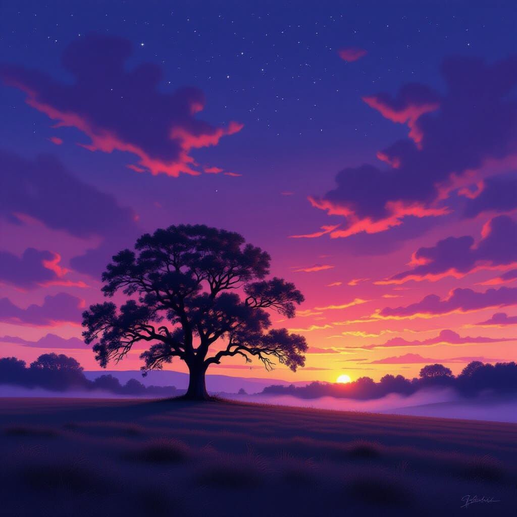 Ancient Oak Tree at Twilight in Romantic Landscape Style