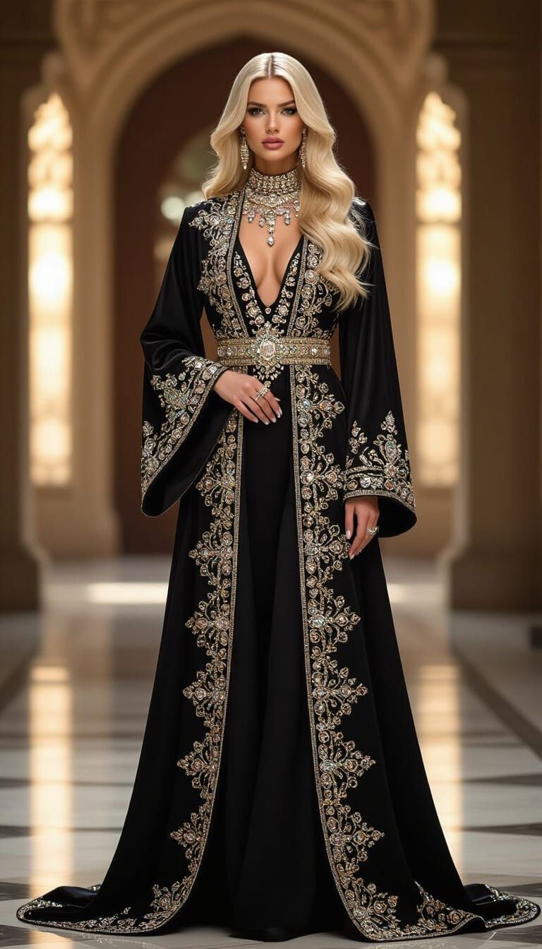 Royal Blonde Model in Jewel-Encrusted Abaya: Cinematic Photo