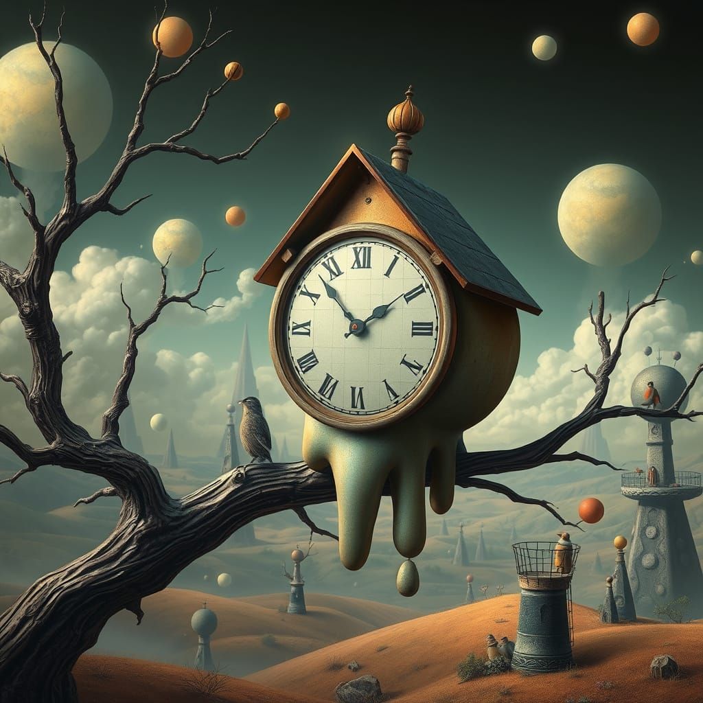 Surreal Melting Clock Birdhouse in Dreamlike Landscape