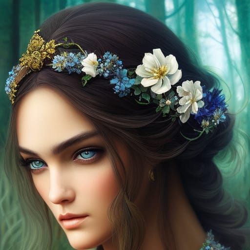 Woodland Elf Portrait with Flowers in Digital Art Style