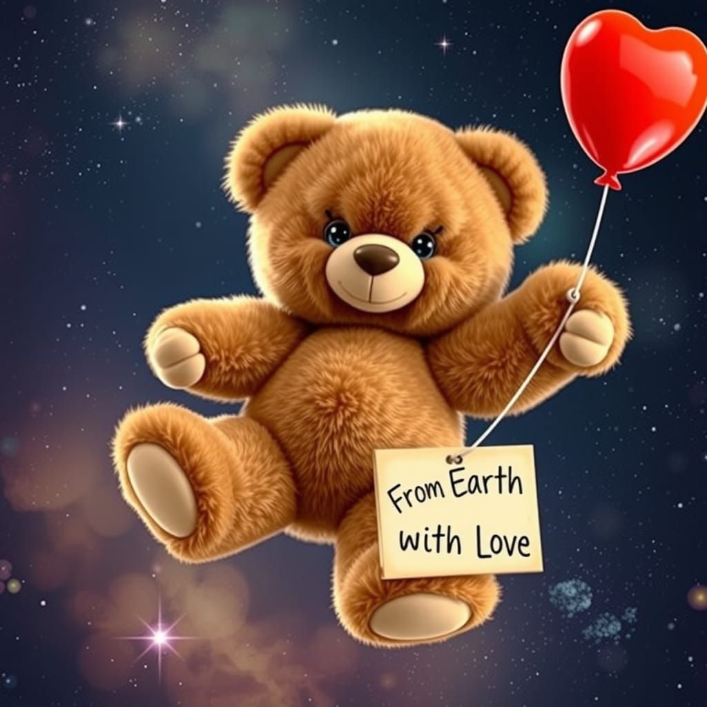 Cosmic Teddy Bear Floating in Space Holding Heart