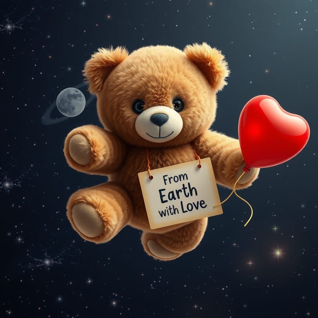 Teddy Bear Floats Through Space with Message of Love