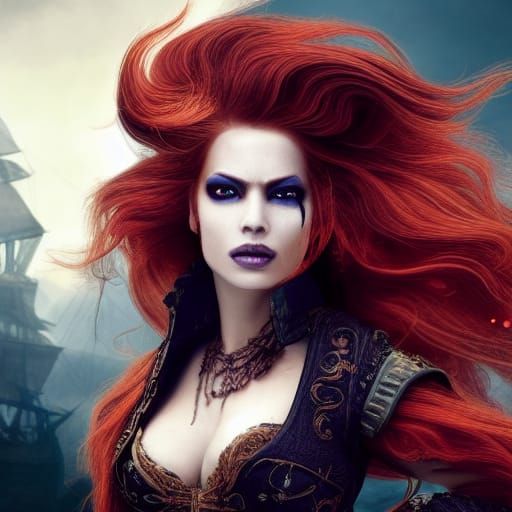 Stunning Fire-Haired Pirate Lady in Maximalist Digital Paint...