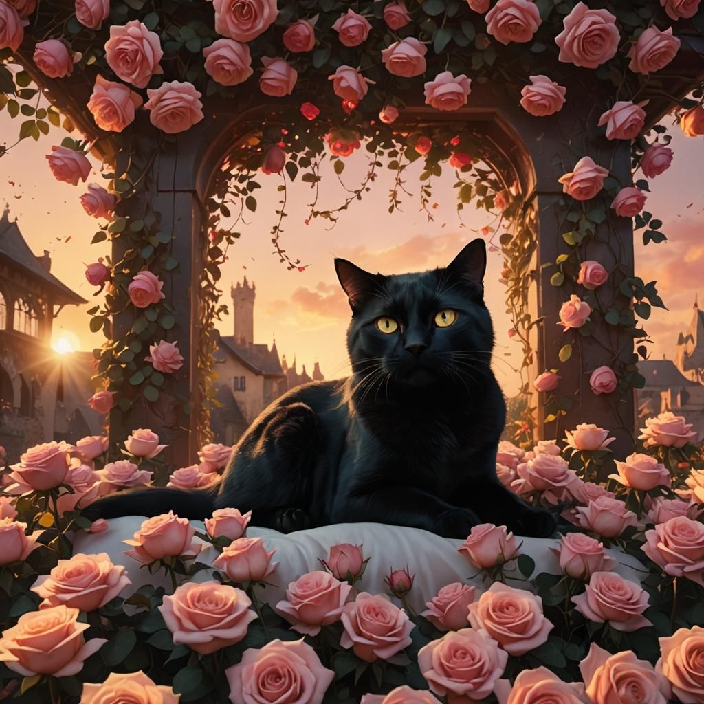 Grand Cat Amidst a Rosy Canopy