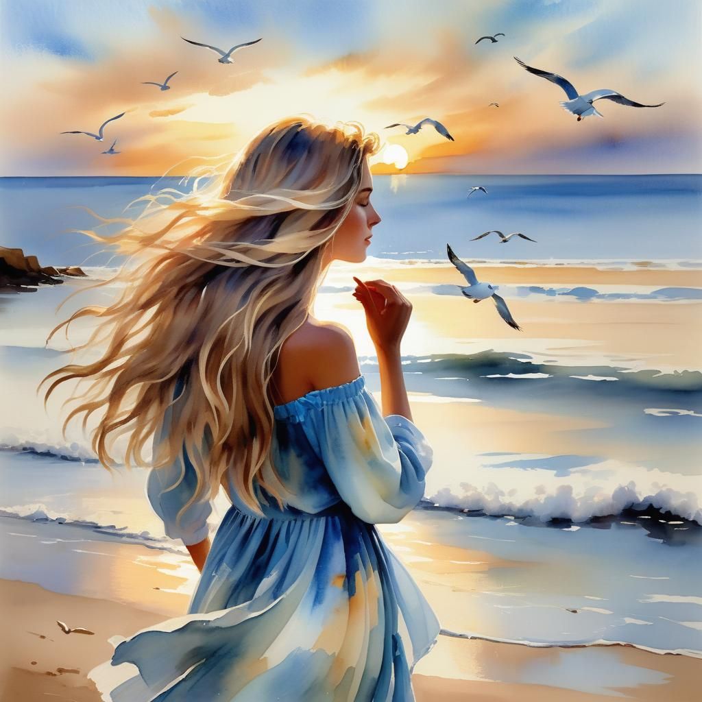 Woman Combing Hair at the Seaside in Impressionist Style