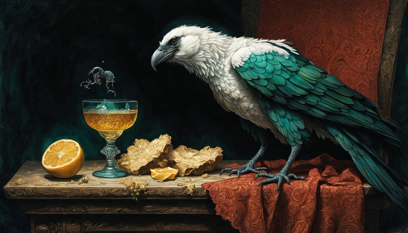 Intoxicated Raven in Lush, Baroque Setting