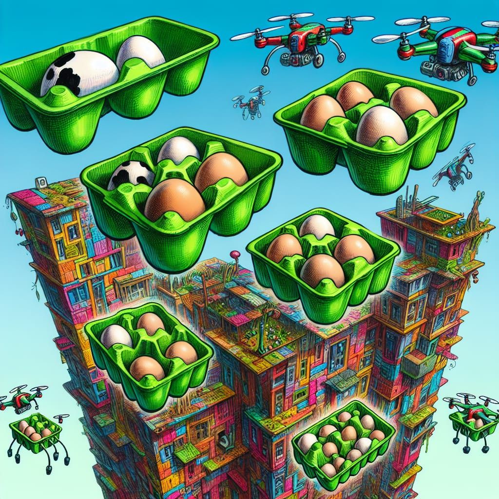 Whimsical Cow Egg Delivery in a Vibrant Skyscraper