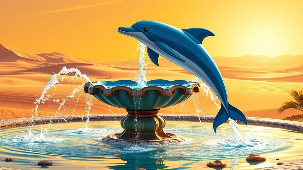 Whimsical Dolphin Fountain in Sunlit Oasis