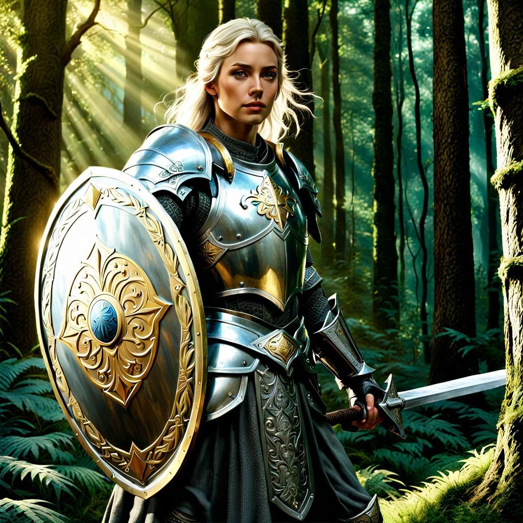 Ethereal Female Knight Surrounded by Fantasy Forest