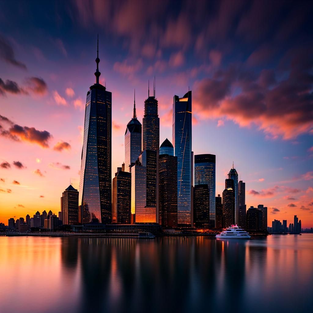 Ethereal City at Sunset with Celestial Balance