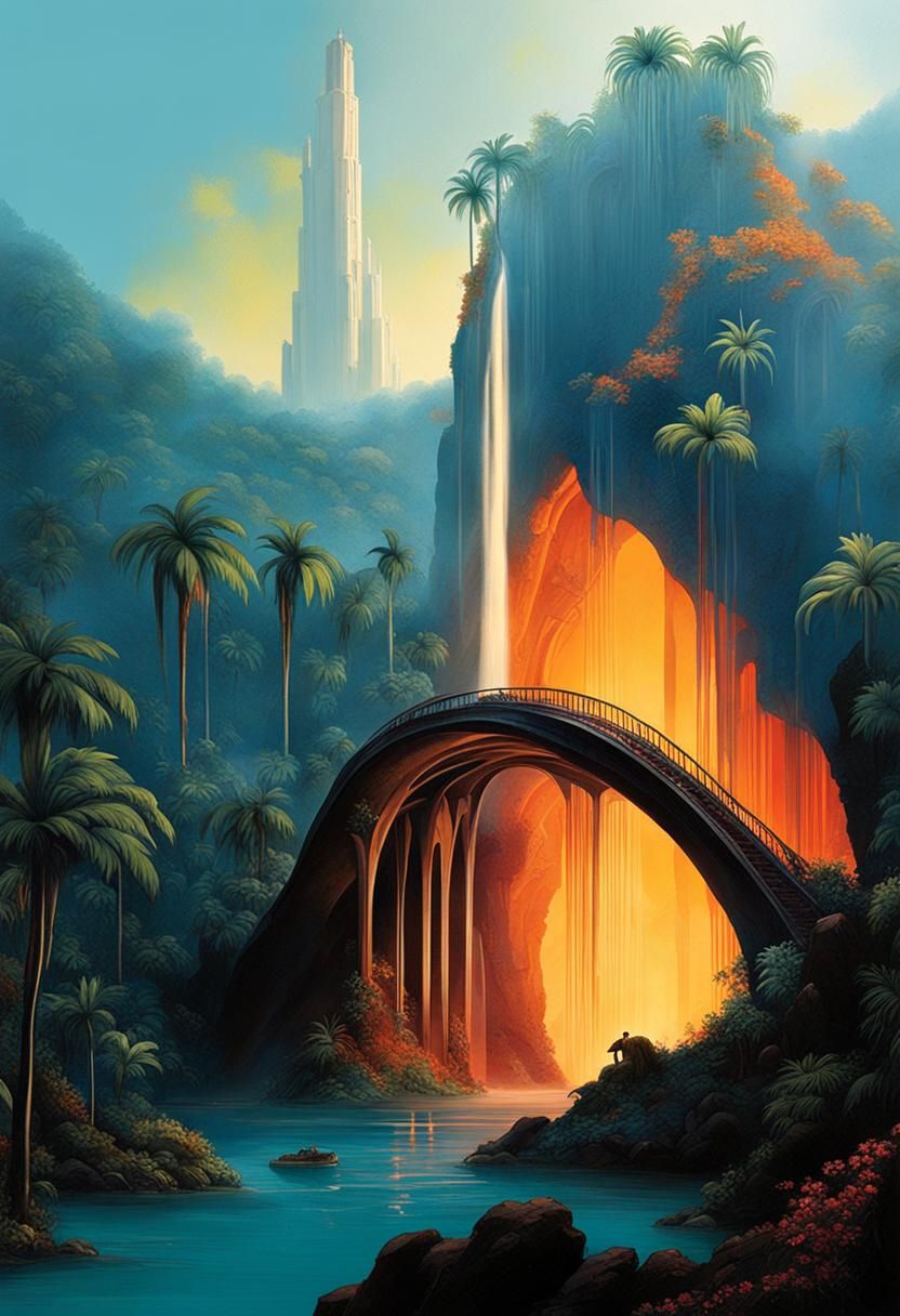 Surreal Tropical Haven with Waterfalls and Organic Architect...