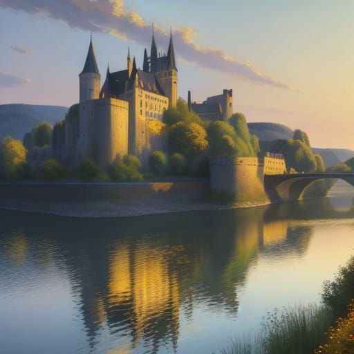 Impressionist Rhine River Boat at Sunset