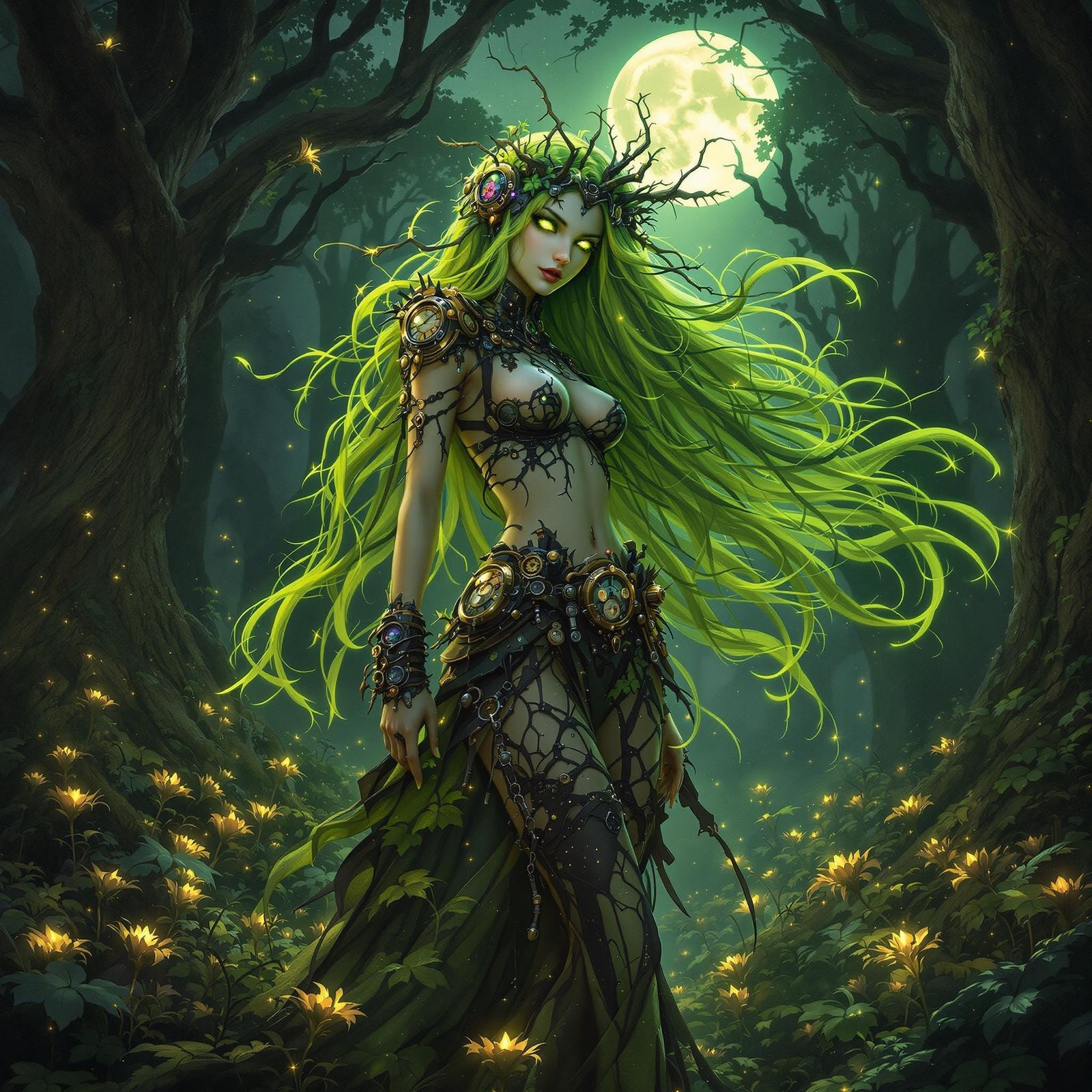 Steampunk Druid in Moonlit Forest
