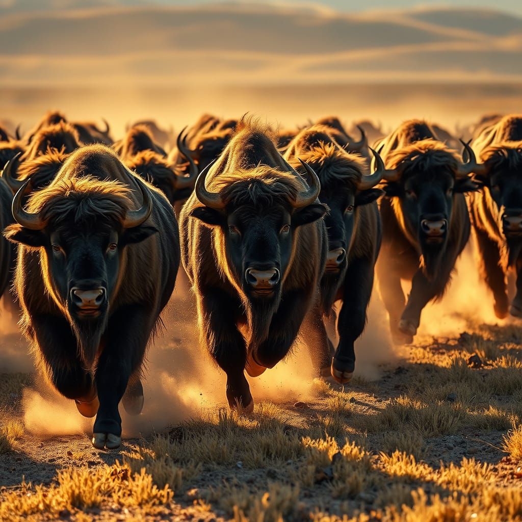 Wild Bison Run Across Golden Plains