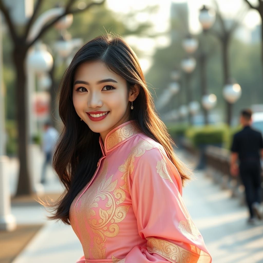 Japanese Woman in Elegant Thai Traditional Attire Poses Unde...