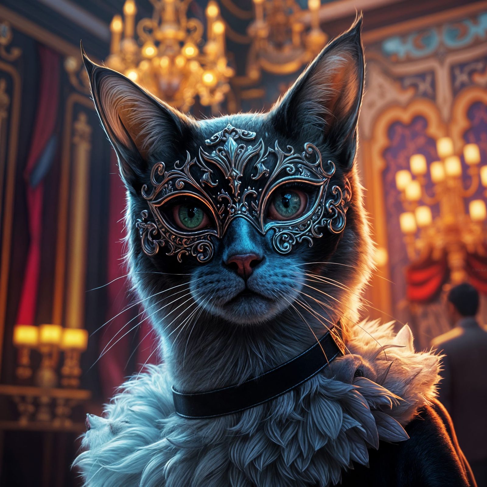 Cat in Mask at Elegant Ballroom Soiree