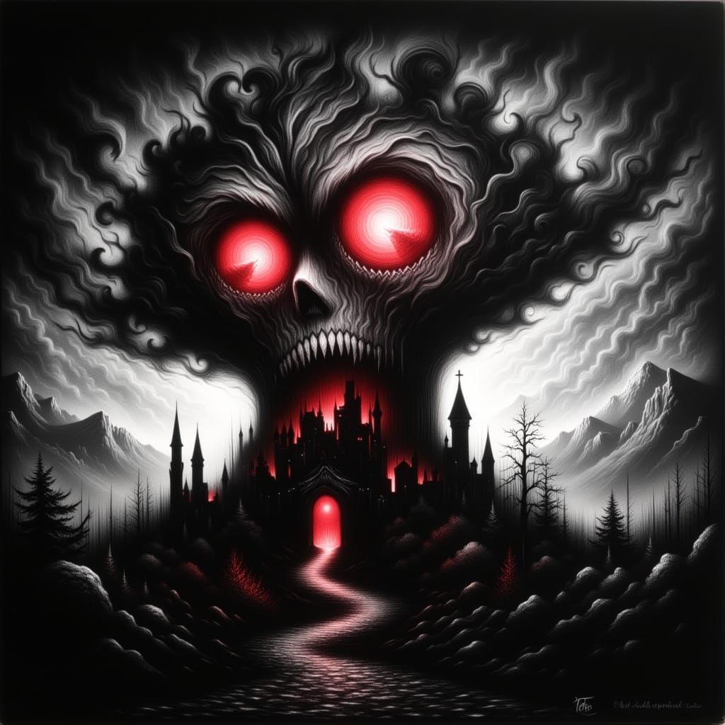 Gothic Castle Under Ominous Black Cloud