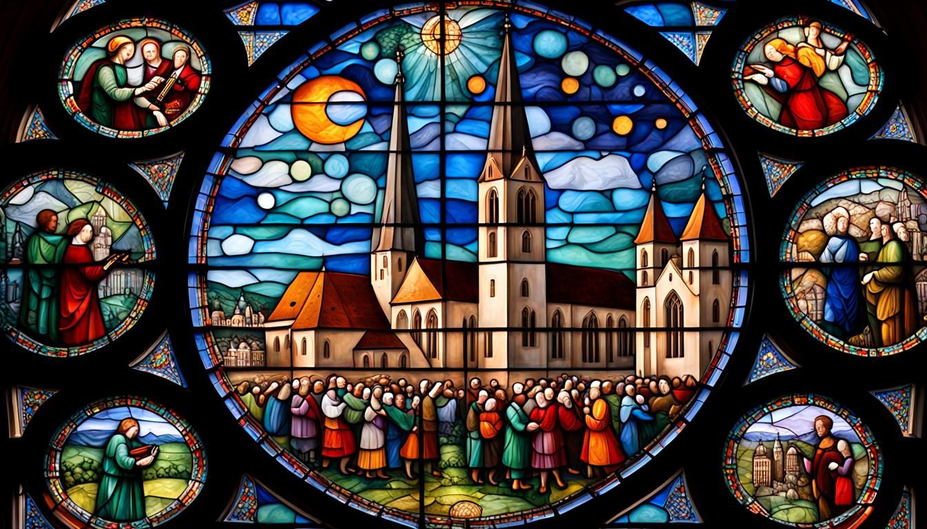 Gothic Coin-Inspired Masterpiece with Stained Glass Window