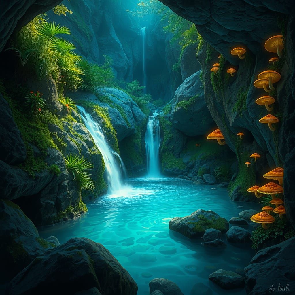 Ethereal Bioluminescent Waterfall in Photorealistic Style