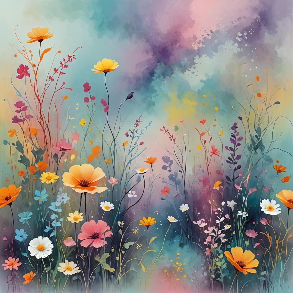 Surreal Abstract Art in Soft Pastel Hues with Neon Accents a...