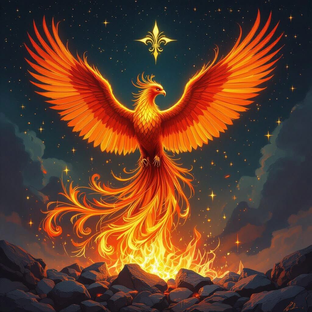 Phoenix Rising from Embers in Fantasy Illustration Style