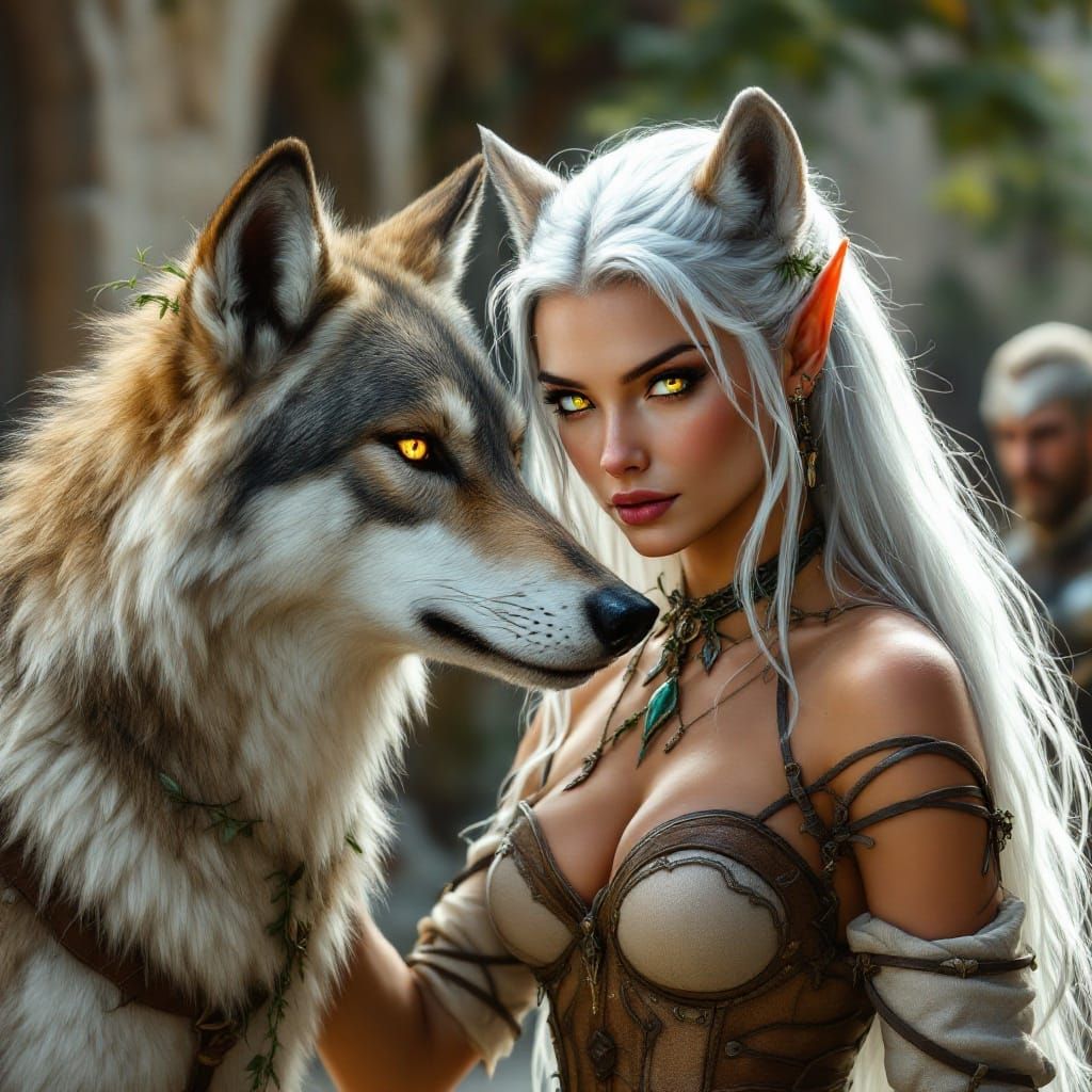 Elven Huntress in Bonding Moment with Dire Wolf Companion in...