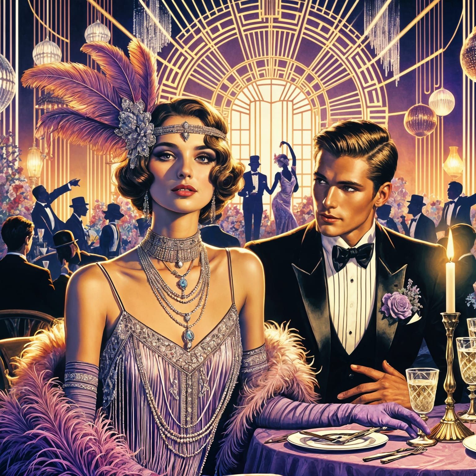 Elegant Flapper Couple Basks in Art Deco Glamour