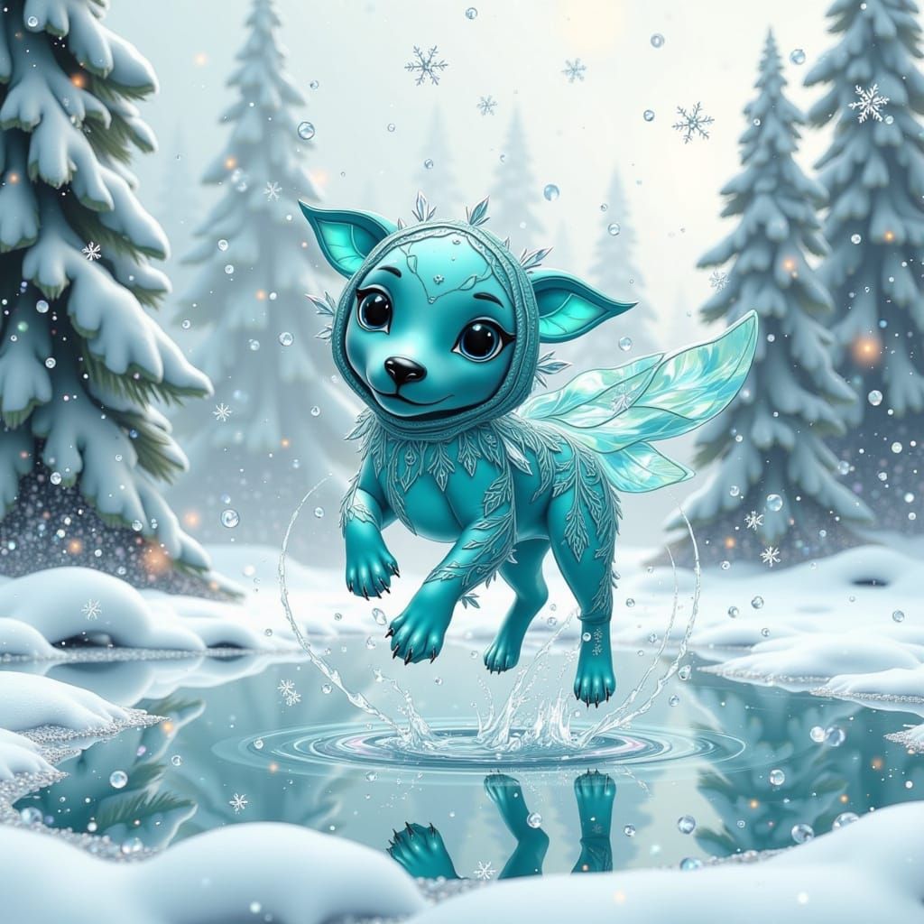 Whimsical Crystal Puppy Leaps into Winter Wonderland