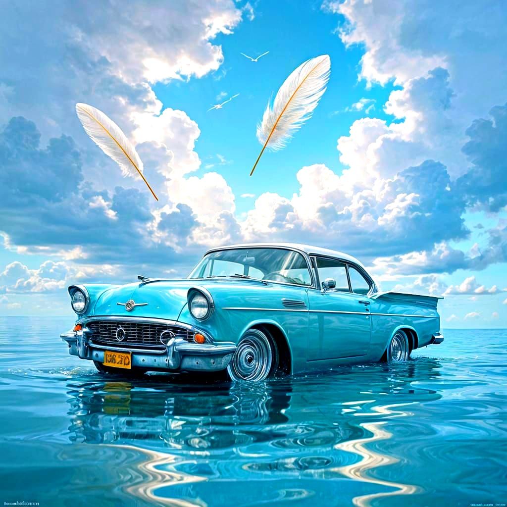 Giant Antique Car Submerged in Surreal Sea Under Impressioni...