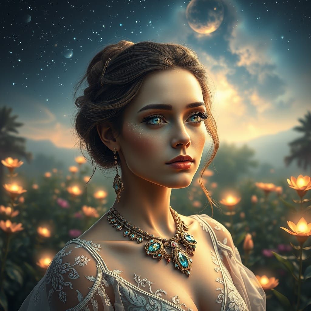 Woman with Nebula Eyes in Cosmic Garden