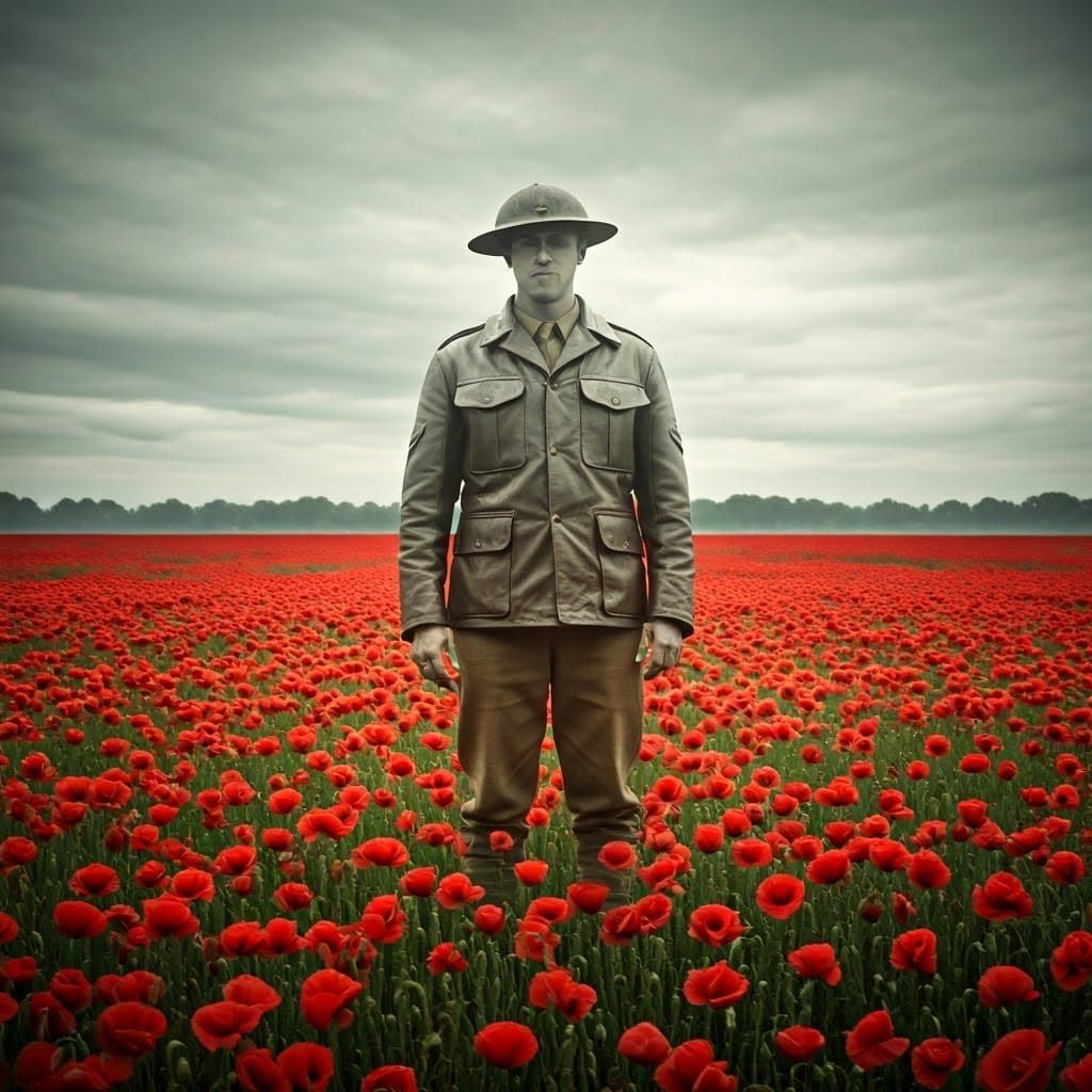 Spectral Soldier Amidst Blazing Red Poppies