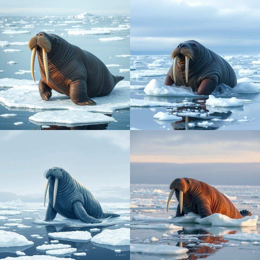 Wobbly Walrus on Ice Floes With Many Tusks