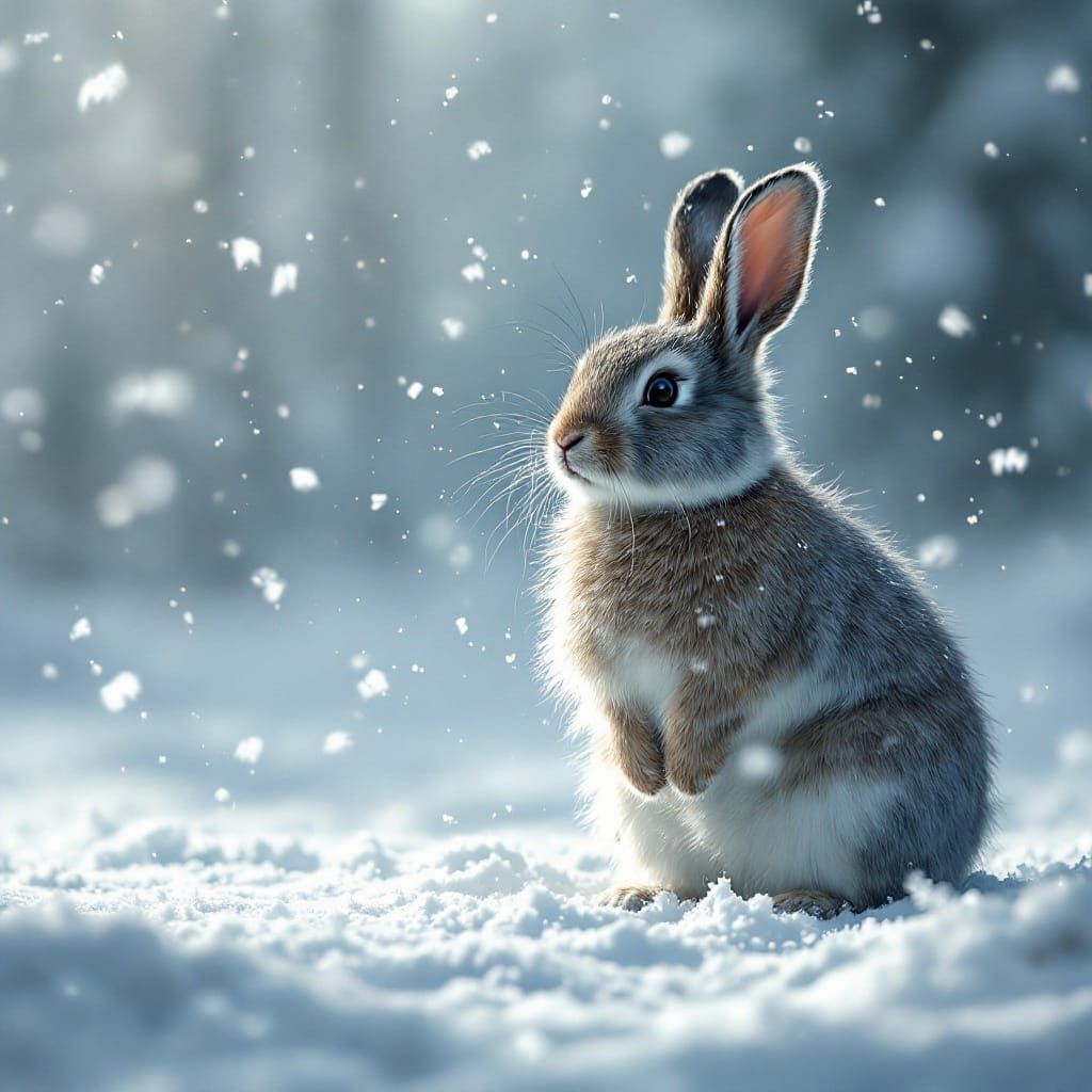 Grey Rabbit Stands Alone in a Winter Blizzard