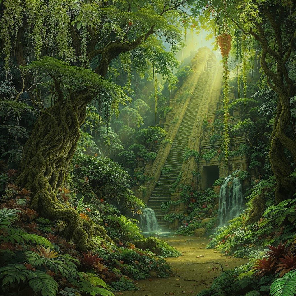 Overgrown Aztec Jungle Temple in Fantasy Concept Art Style