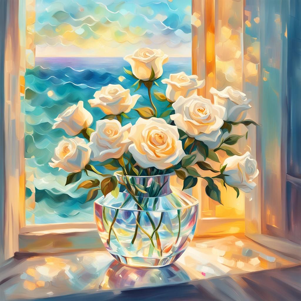 Vibrant Cosmic Roses in Crystal Vase Overlooking the Sea