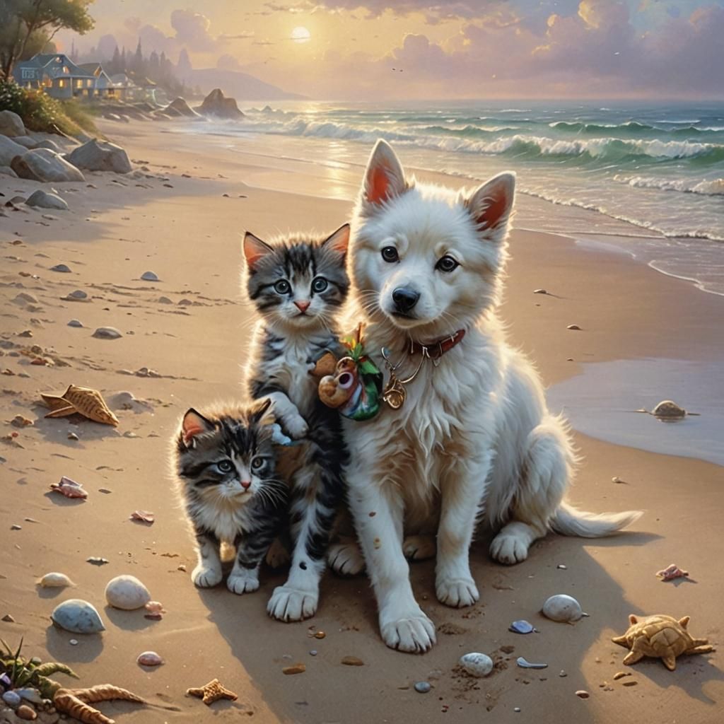 Dreamy Beachside Bond Between a Baby Dog and Kitten in Ether...
