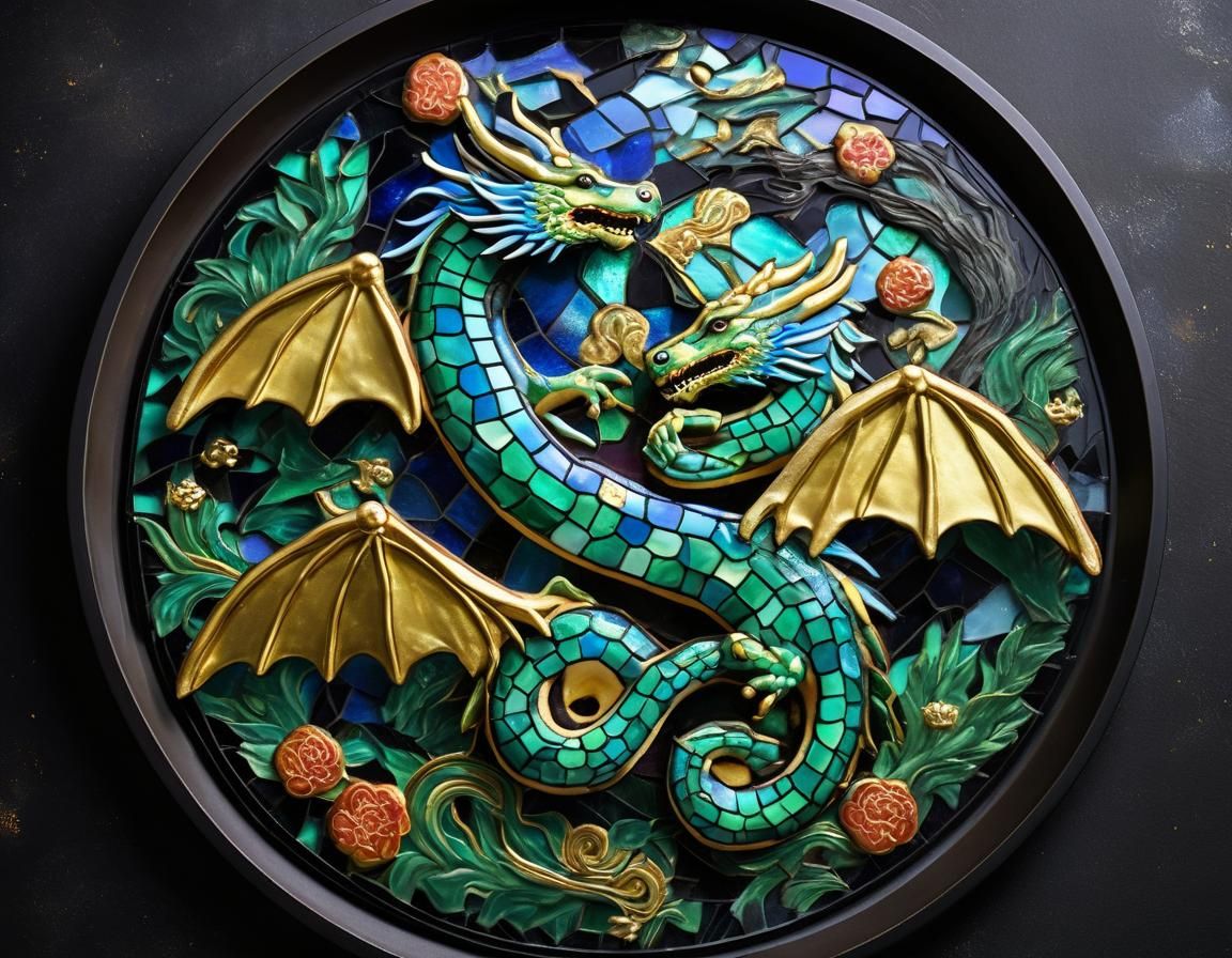 Elegant Mosaic Dragons Amidst Green-Blue Tones