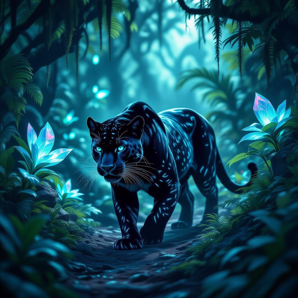 Majestic Panther in Alien Jungle with Bioluminescent Flora