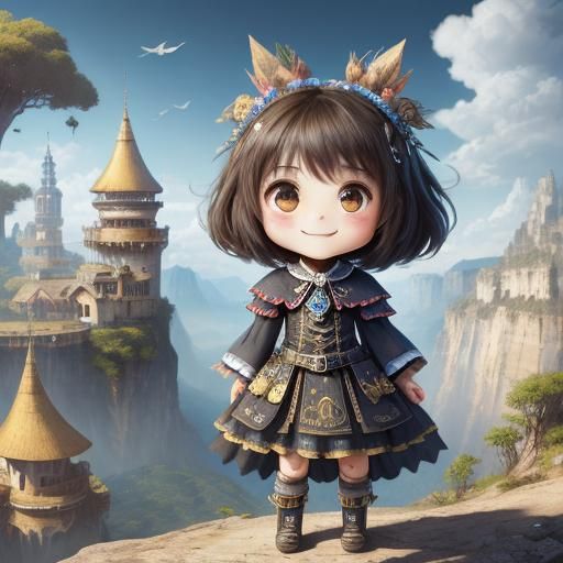 Vibrant Chibi Character in Epic Digital Landscape