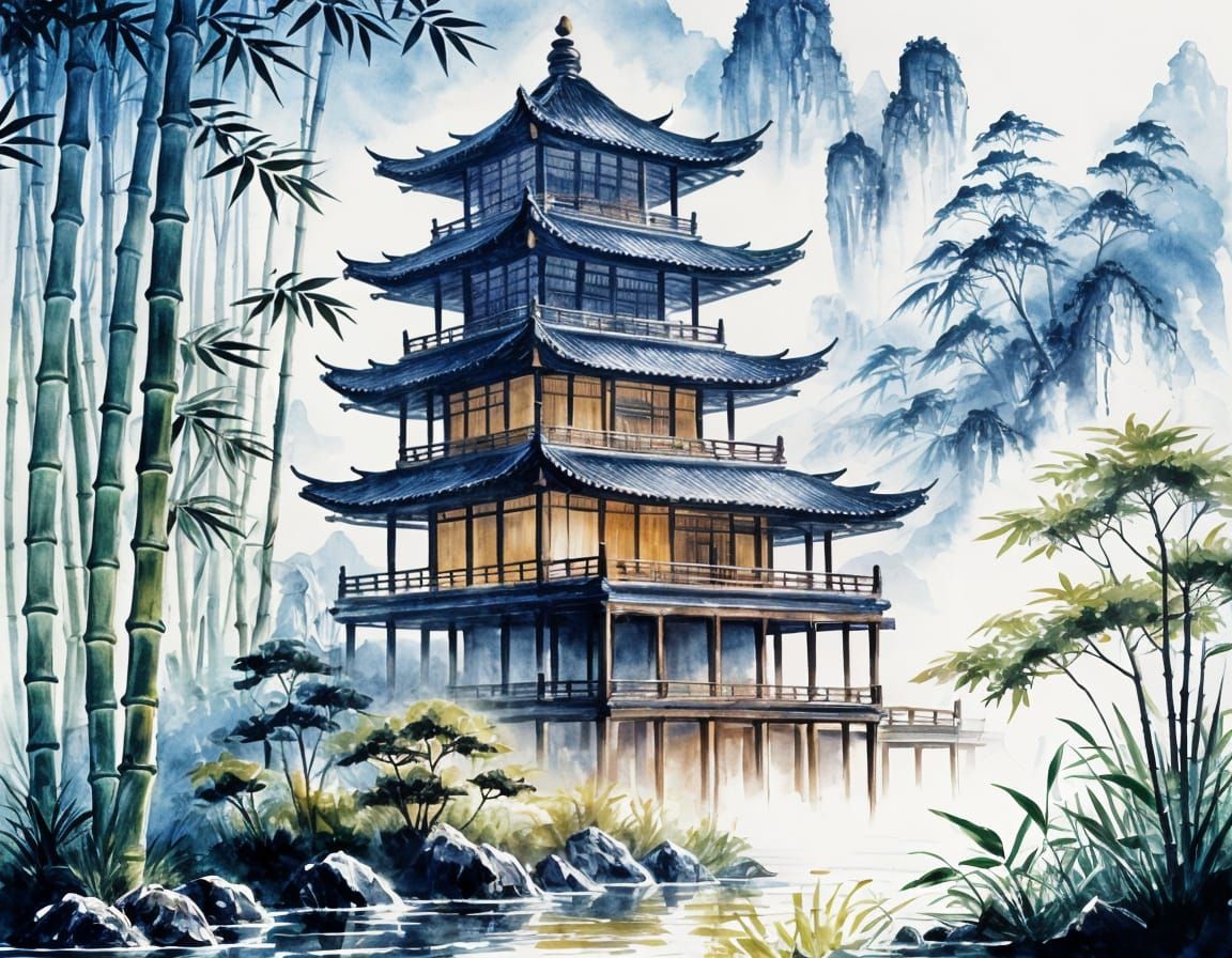 Serene Forest Pagoda in Traditional Chinese Watercolour Styl...