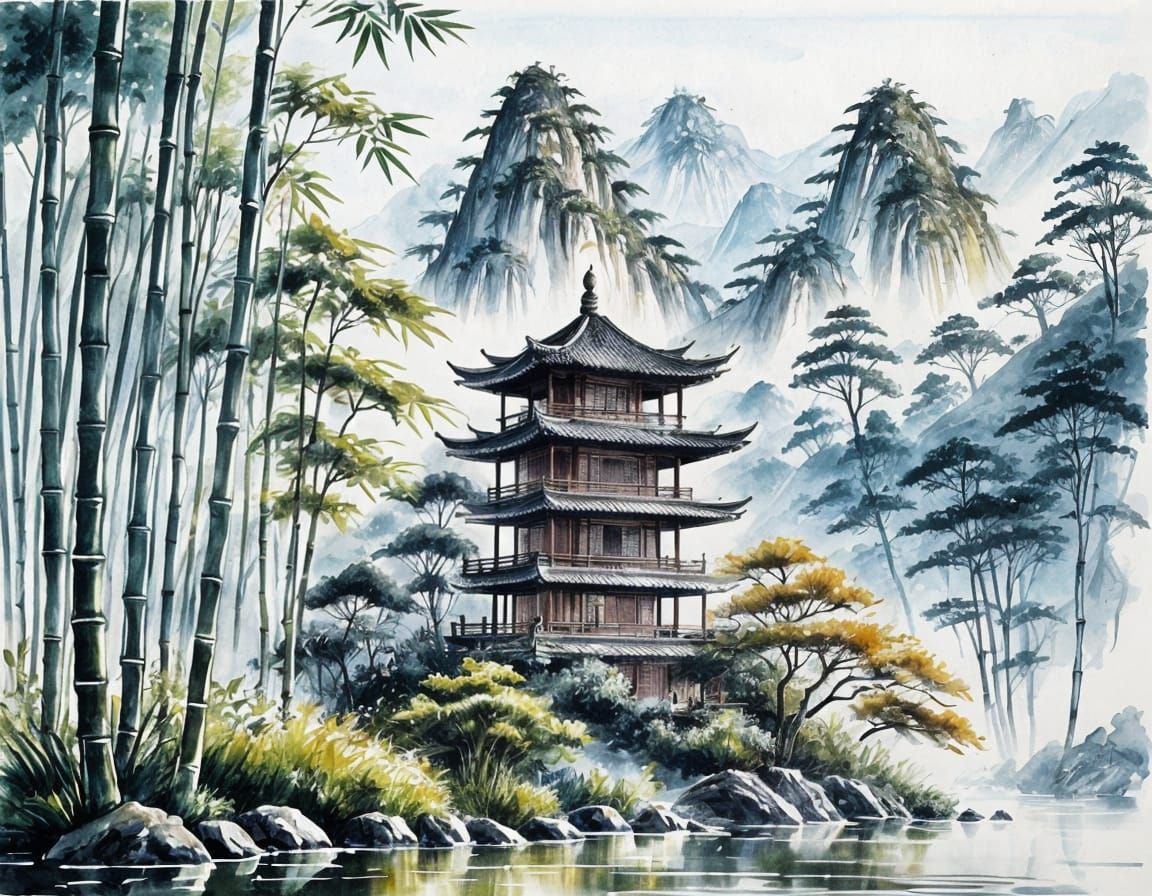 Pagoda in Bamboo Forest: Chinese Ink and Watercolor
