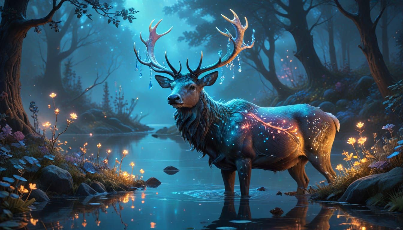 Bioluminescent Stag in Ethereal Forest Glade