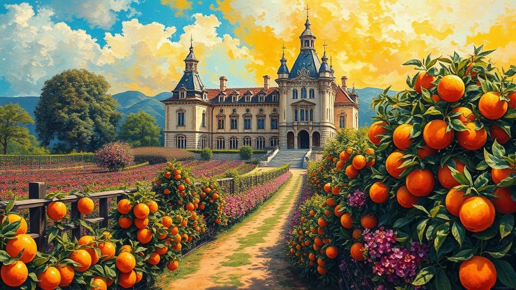Luxury Chateau and Orange Farm in Expressionist Style