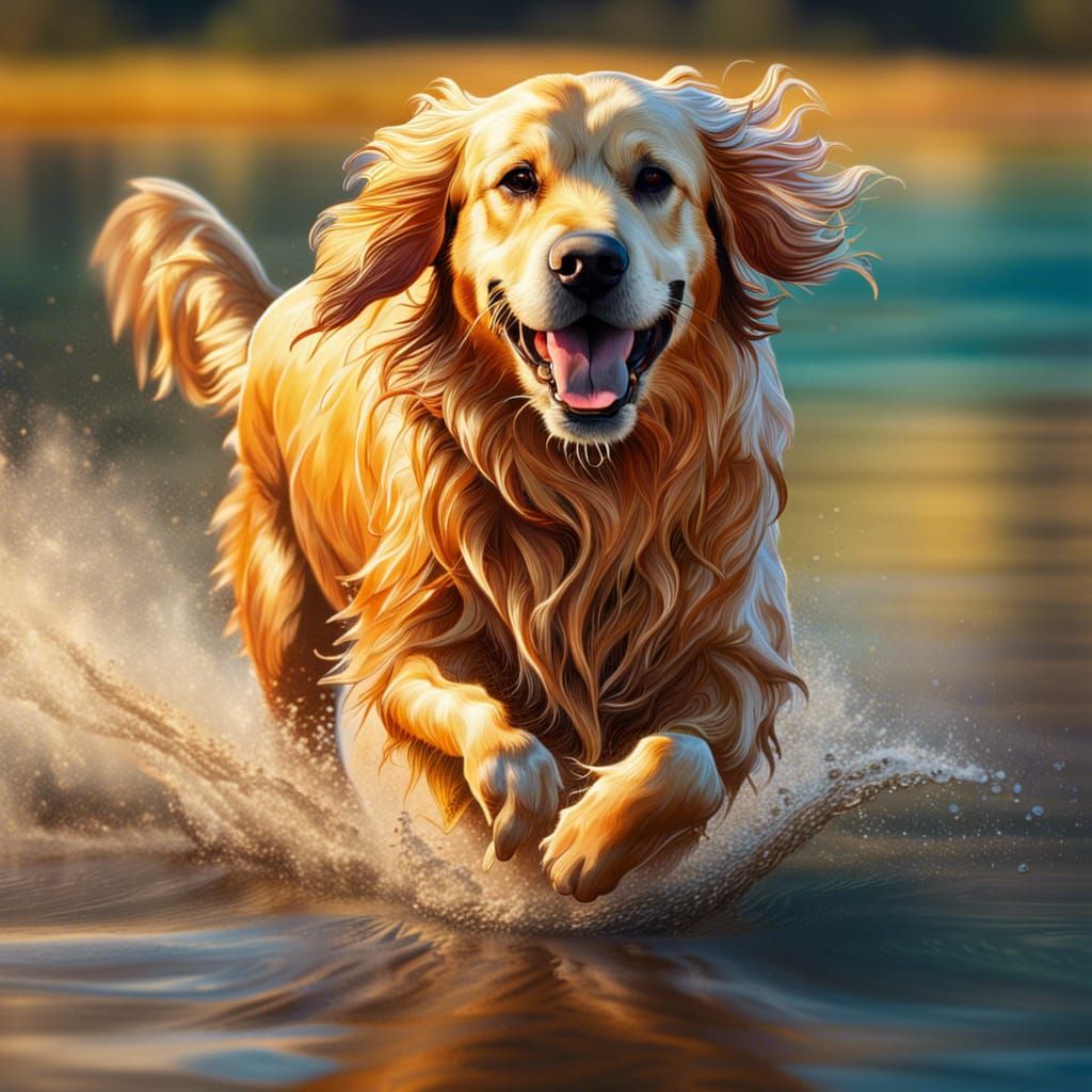 Hyperrealistic Golden Retriever in Splashing Lake Moment