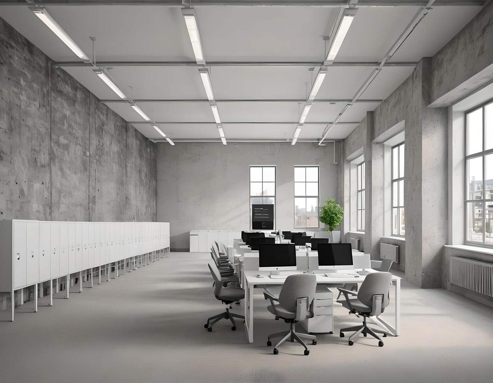 Modern Office Space with Loft Windows and Gray Carpet