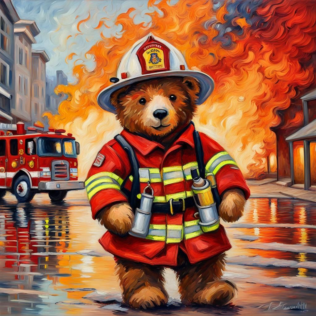 Teddy Bear Firefighter in Impressionist Brushstrokes