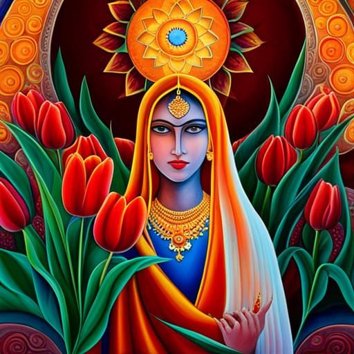 Indian Woman with Tulips Near Temple, Detailed Art